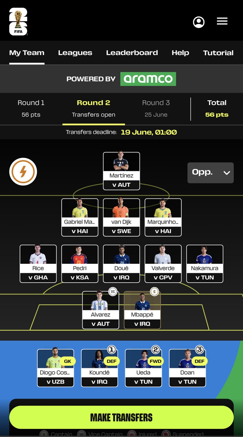実際に編成したFIFA Fantasyのスカッド画面(4-5-1)
